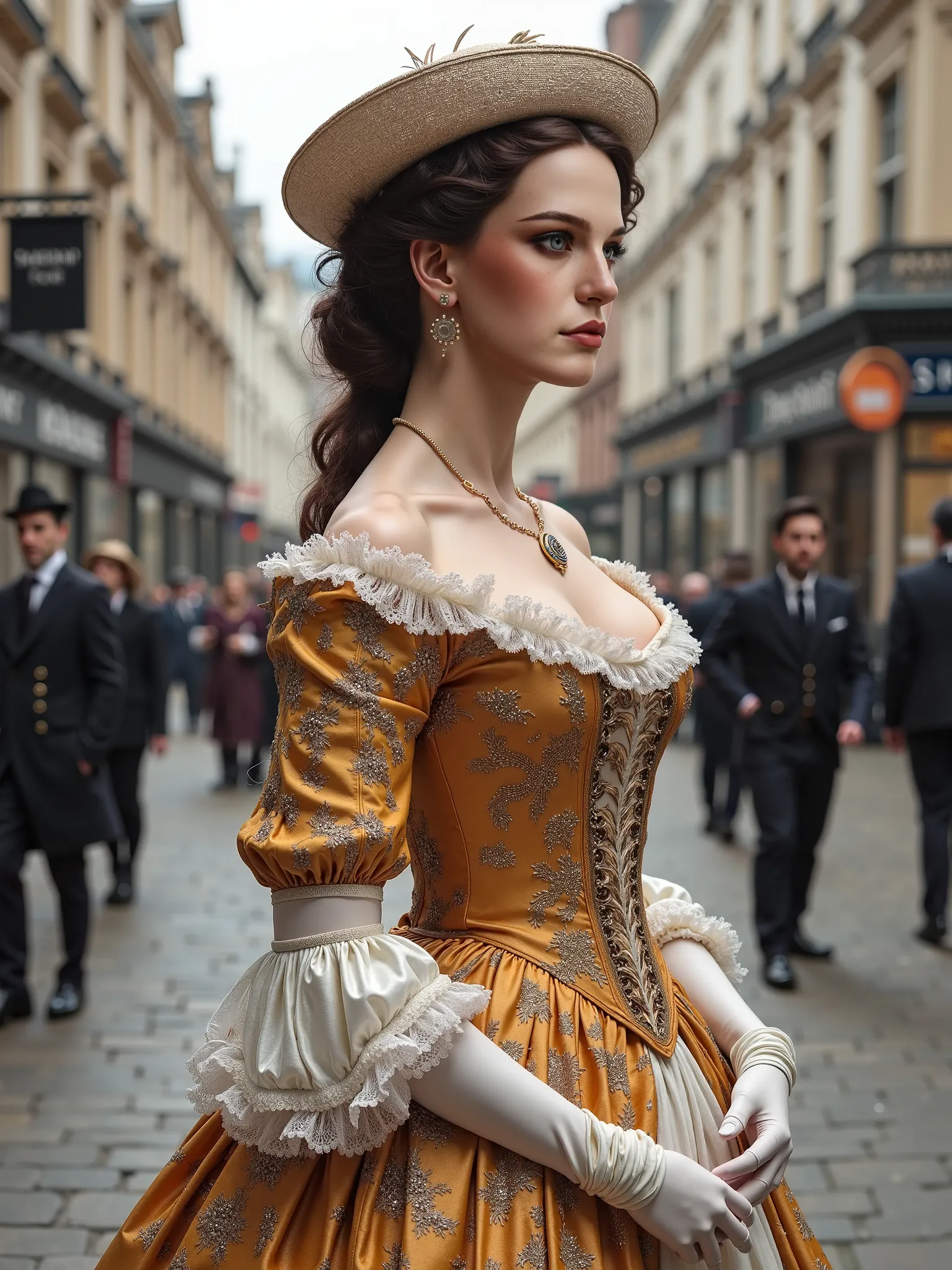 Draw this face with 18th century fancy female fashion clothes and she is standing on the street of 18th London with a handbag in...