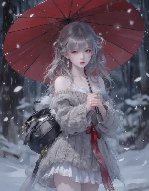 ((( Masterpiece))), top quality, Illustration of , 4k wallpaper , cinematic light , absurd, 1 girl,(rain), holding a re...