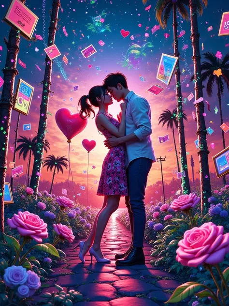 CRT glitch effects with RGB chromatic aberration. Pixelated lovers embrace in collapsing data matrices, limbs fragmenting into A...