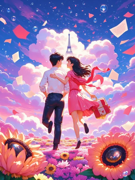 Post-impressionist strokes sakura fall algorithm, cobalt & sakura pink gradients. Anime couple running through Starry Night swir...