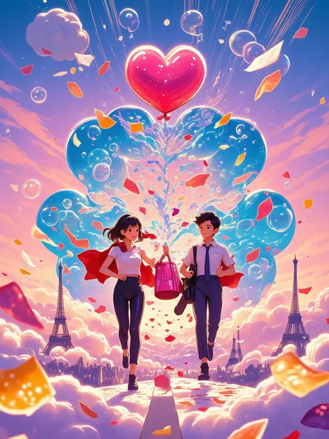 Post-impressionist strokes sakura fall algorithm, cobalt & sakura pink gradients. Anime couple running through Starry Night swir...
