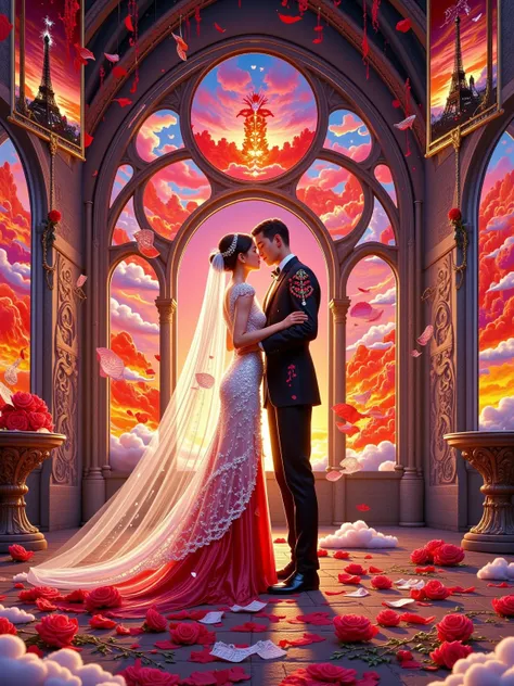 In a ruined church splashed with crimson watercolor, blood-red stained-glass windows project Mucha-esque cursed patterns. The br...
