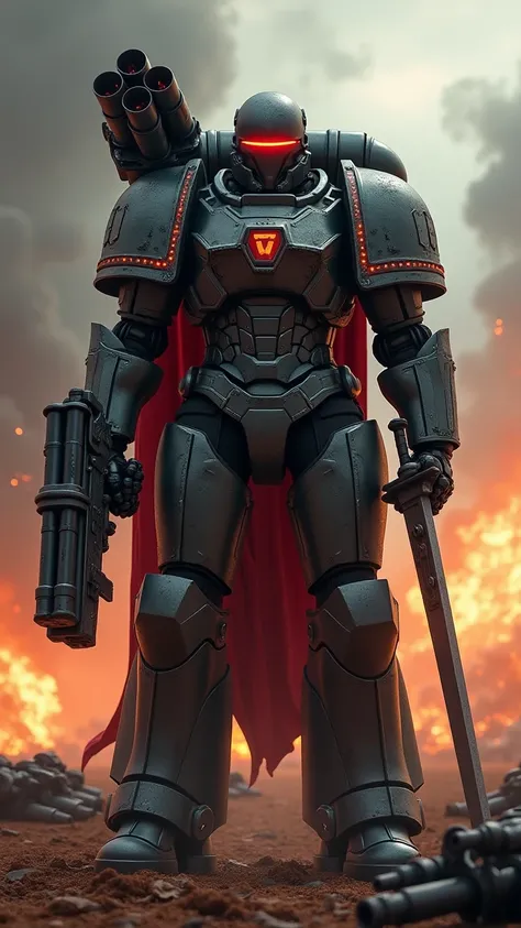 The terminator is in armor with a red line instead of eyes 3 meters tall on his left shoulder, a 9-rocket rocket launcher and on...