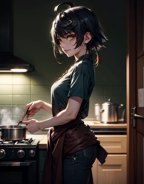 anime woman baking, side_view, solo, xiangling \(genshin impact\), dark blue hair, yellow eyes, hair ornament, hair rings, braid...