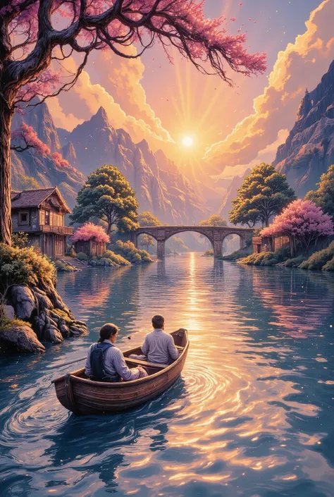 A serene river scene at sunset with golden light reflecting off calm waters. Two people sit in a small wooden boat—one fishing w...