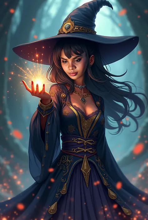 Anime dark-skinned girl dressed as a witch in the front position sending a kiss
