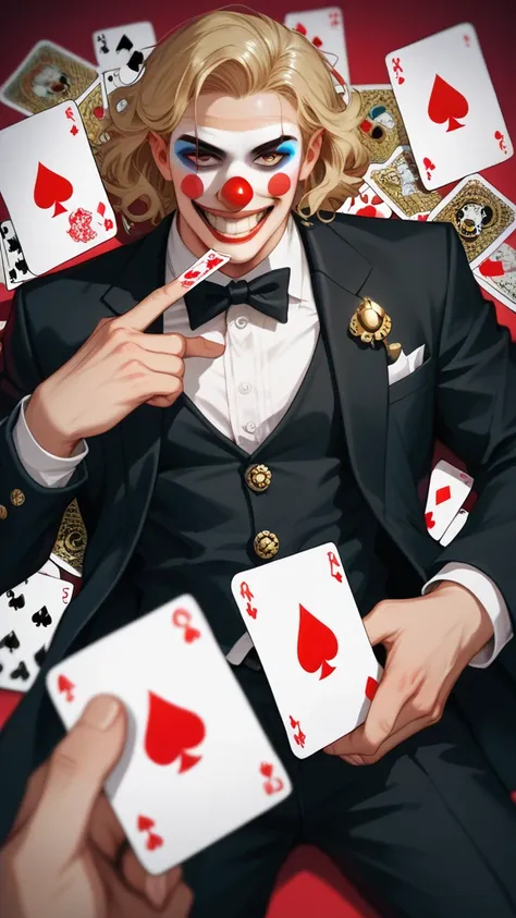 joker, Clown mask, Strong men, Trump card, black suit , gold ornament, scary atmosphere where the body shudders, shining eyes...