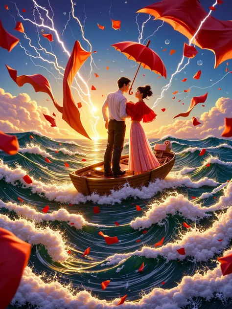 Lovers on Turner's stormy seas, crimson sail imprinted Hiroshige woodblocks. Monet's lilies as umbrella, wet letters bleed Klimt...