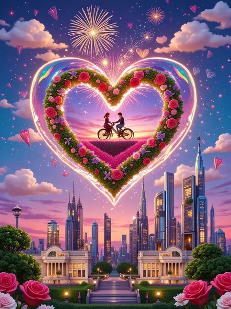 A couple riding a bike, a tree of hearts, a Valentine's Day card with the text "HAPPY VALENTINE'S DAY" on a white background, in...