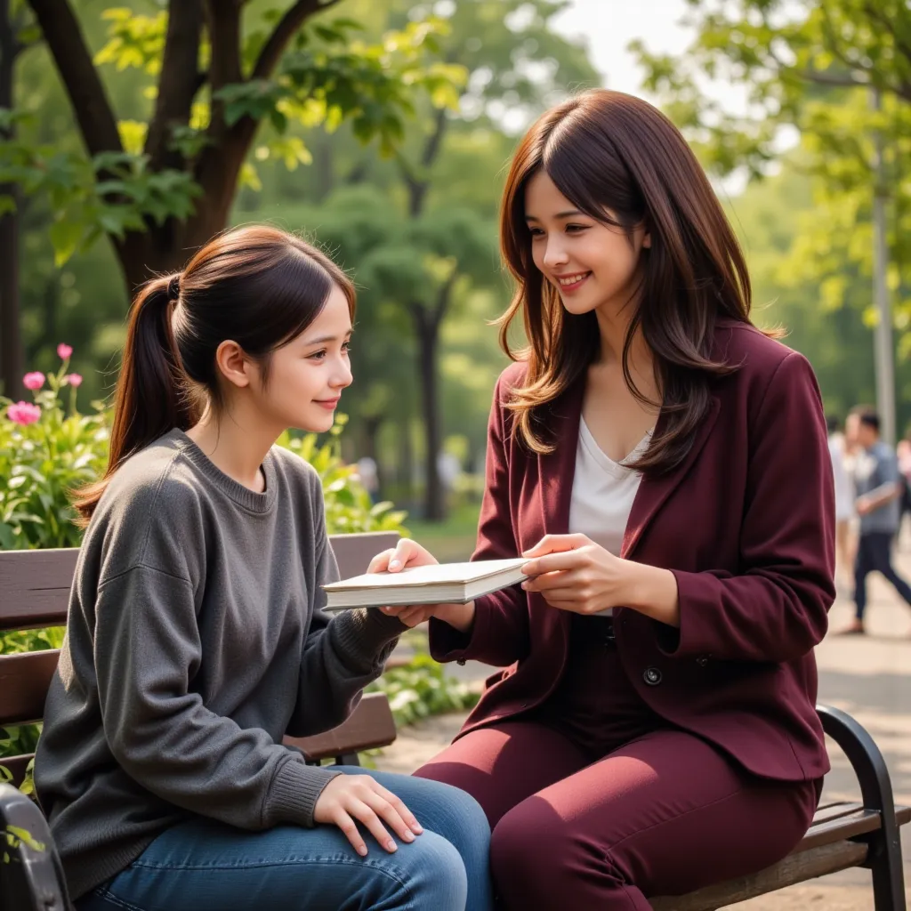 on a park bench, a lady hands a book to a , who smiles at the gift