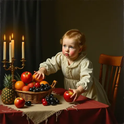 "An oil painting set in the year 1812, portraying a mischievous who is struggling to reach a table. The ’s hand is nearly touch...