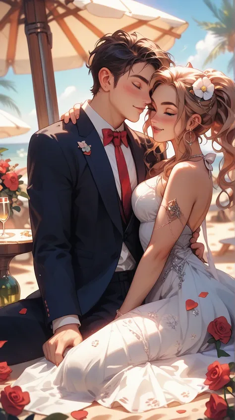 Outdoor design. Romantic dinner. Aesthetic. Flowers. Rose's. Slowly wind. A couple of cats. The female cat wearing a dress. A ma...