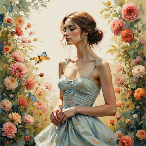 A stunning watercolor painting with high detail and a vibrant color palette. An breathtakingly beautiful young woman in a fashio...