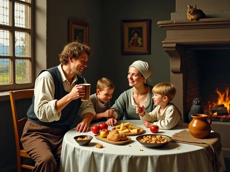 a cozy scene in the interior of a 17th-century Dutch house. There is a wooden table , covered with a white tablecloth, with f...