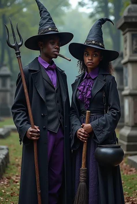 Create the image of Exu Mirim adolescent boy with a trident and cigar in his hand Maria Mulambo dove dressed in black and purple...