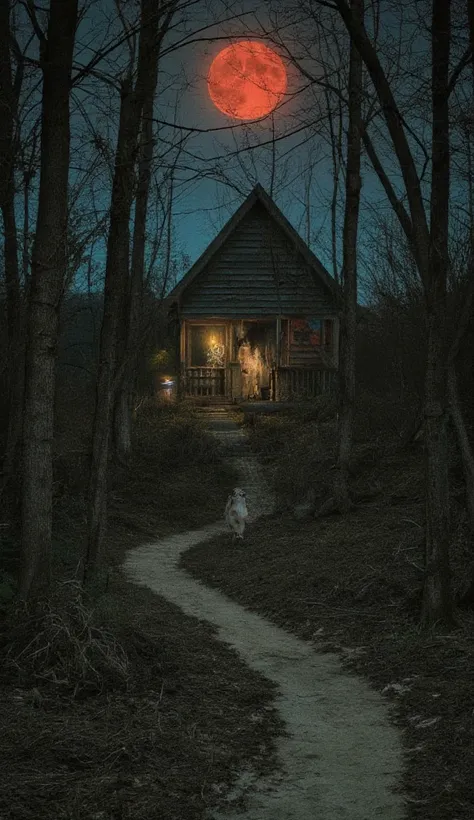 Withered forest, horror style, witch forest, bloody moon, small cabin, in front of the cabin, close-up of the , no clothes on, h...