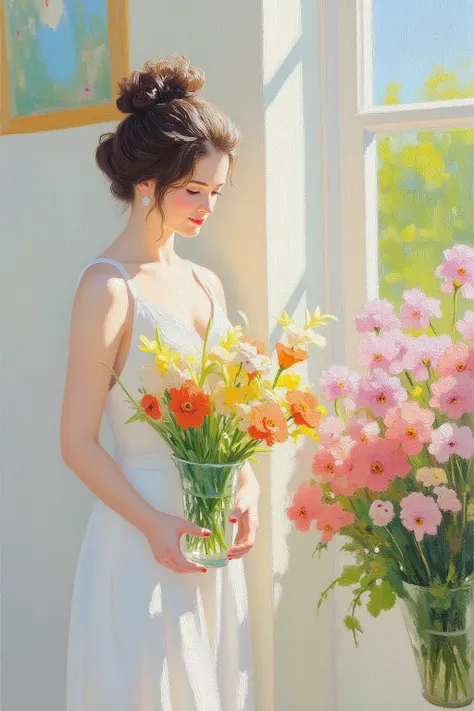 vase painting , Close-up shot of a woman holding a vase with flowers , white, Red and yellow, blooming garden ,, aisle,, whit...