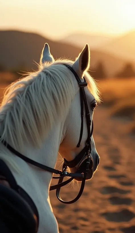  From the perspective of the rider ,  the image shows the view of a majestic white horse with a greyish hair ,  captured in the ...