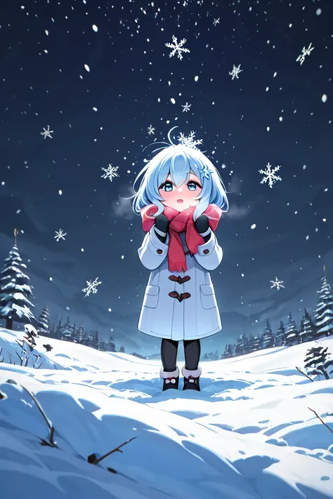 snowflakes falling,A man standing in the snow,Bow your head and think。