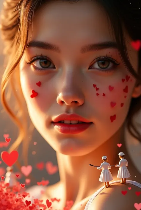 "A close-up portrait of a beautiful young woman with flawless skin and bright, expressive eyes. She has a soft, mysterious smile...