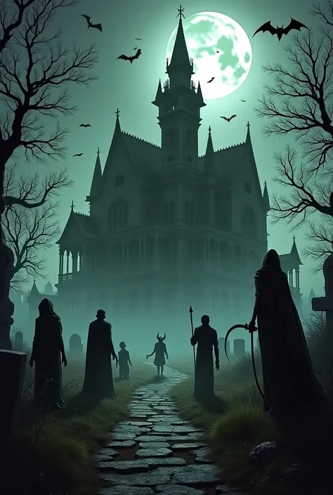 Vampire,  haunted mansion , Skulls , graveyard, witch, moon,  zombie,  a grim reaper death, Bats ,  headstones, un loup garrou, ...