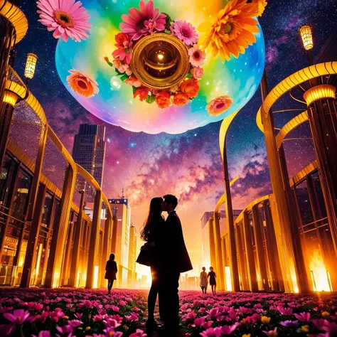 (( top quality)), (( masterpiece)), ( Details), universe、 Future City、 Colorful Flowers 、 small male and female silhouettes in ...