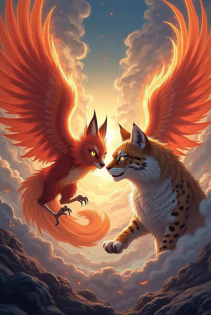 Generate an anime-like image where a Phoenix is in front of an angry Lynx