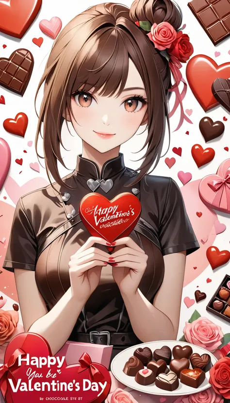 Ultra High Resolution, ((ADULT WOMAN HANDING YOU VALENTINE'S DAY CHOCOLATE ), happy valentine's day, Alone, COOL BOYISH FEMALE ...