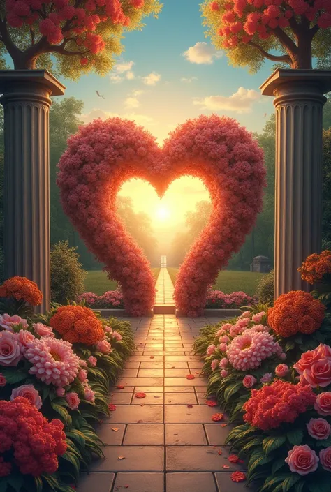 The artwork features a vast and beautiful garden, symbolizing a heart. At the center is a heart-shaped symbolic door, either op...