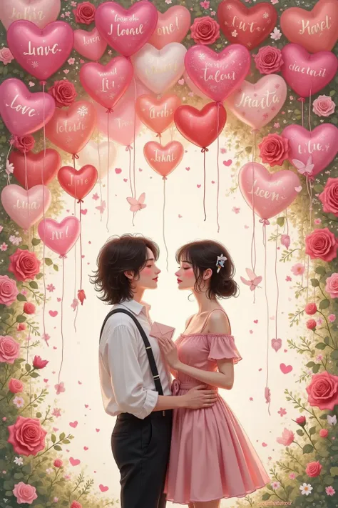 romantic valentine,A pair of sweet lovers, girl holding an envelope in her hand, Happy Smile ,Love Balloons , falling petals。 O...