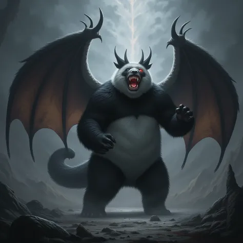 A demon panda animal with horns and wings