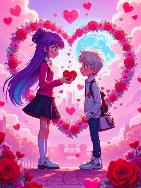 above the floating pink clouds , The suspended city skyline in the middle of the sky , The girl's long, gradient violet hair Th...