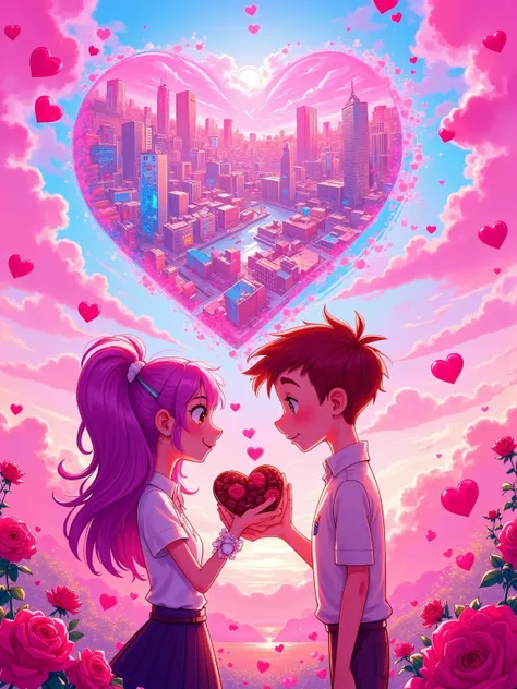 above the floating pink clouds , The suspended city skyline in the middle of the sky , The girl's long, gradient violet hair Th...