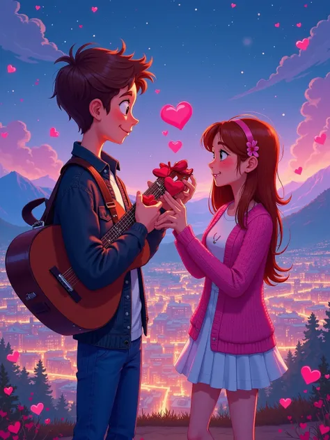 On the mountaintop on Valentine's Day, as night falls, the stars twinkle. The handsome boy is wearing a black denim jacket over ...
