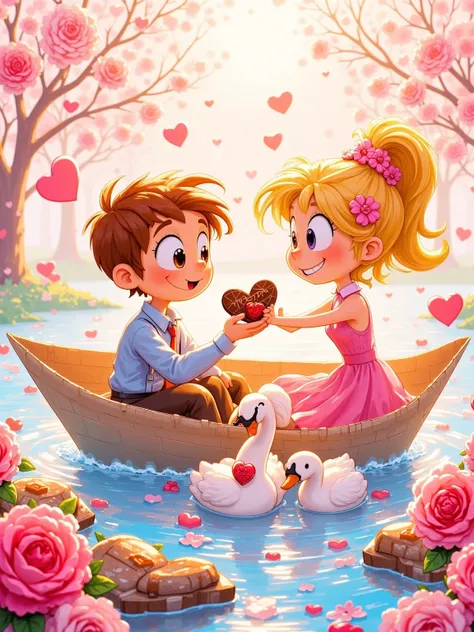 Delicate watercolor wash texture, Whimsical empty space design. Tiny couple sitting in a floating paper boat on a stream of choc...