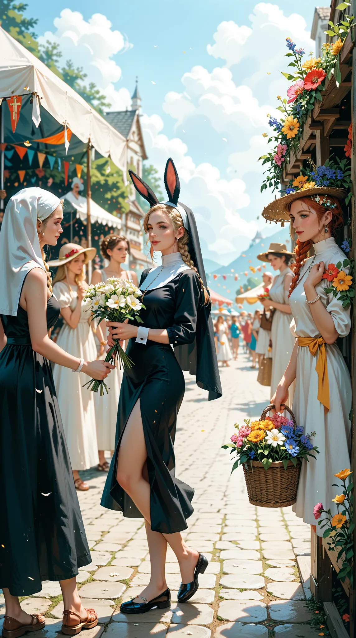 bust，Bunny Girl，nun，Long sideburns，disdain，Side Braid，Flower head， summer dress， WOMEN'S STUDENT SHOES ，Holding flowers，Summer F...