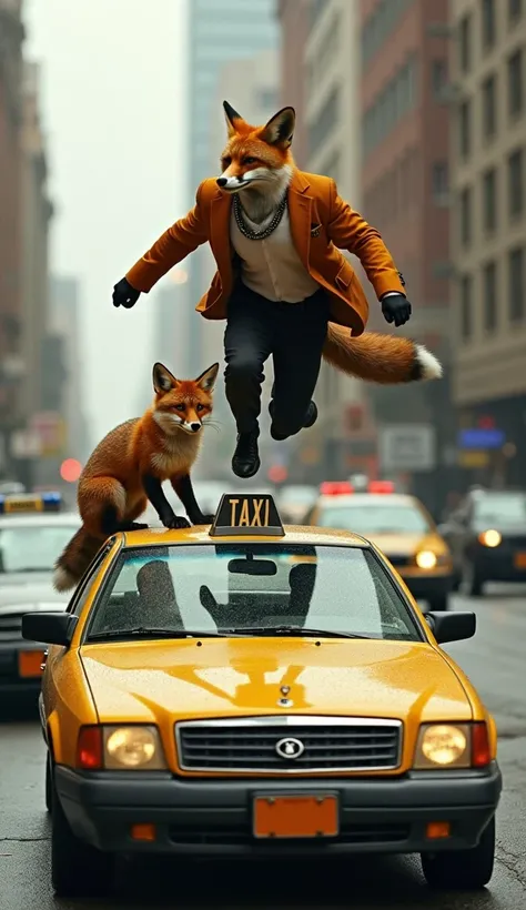 With incredible agility, the foxes leap over a bright yellow taxi stuck in traffic. The driver honks in shock as the older fox v...