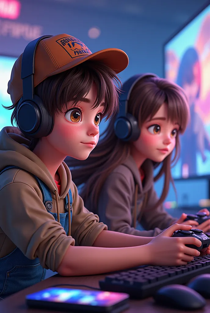 Create an image of a boy with brown hats and brown eyes gamer and a girl with brown hair and brown eyes gamer