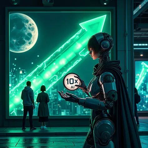 Underground in london with bilboard with anime character , cool ,adorned , holding an innovative "10X A.I" logo. A vibrant gre...