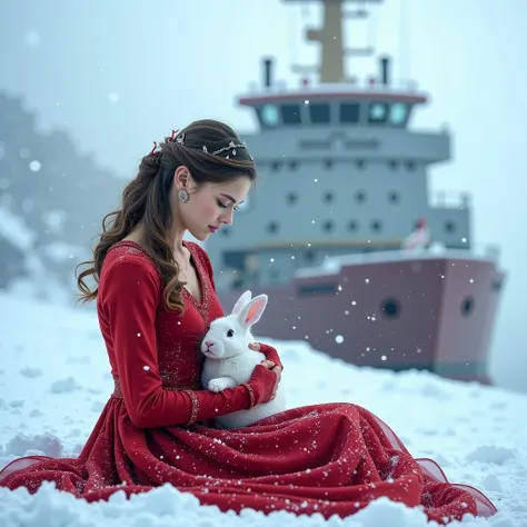 generating a realistic image:
"A beautiful young woman wearing a red dress sits on the snow, gently stroking an injured white r...