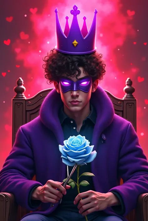 Make a young man with brown skin and short curly hair and a purple robot mask that covers only his nose and mouth with a purple ...