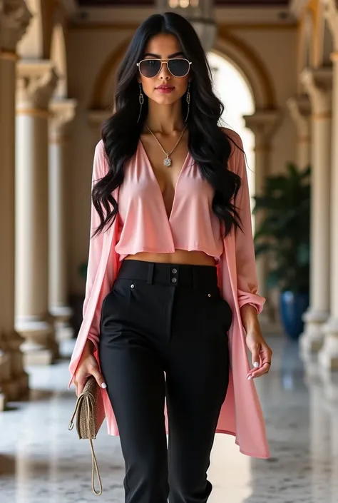 A beautiful woman wearing a sheer pink flowy crop top and office black pants, long cardigan,walking down a hall rococo decor,des...