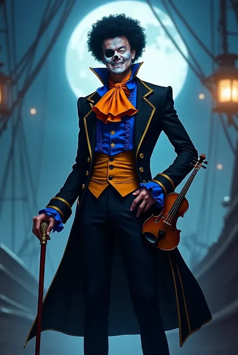 Create a hyper-realistic digital painting of J.Y. Park (JYP) dressed as Brook from One Piece. JYP should have a tall, thin frame...