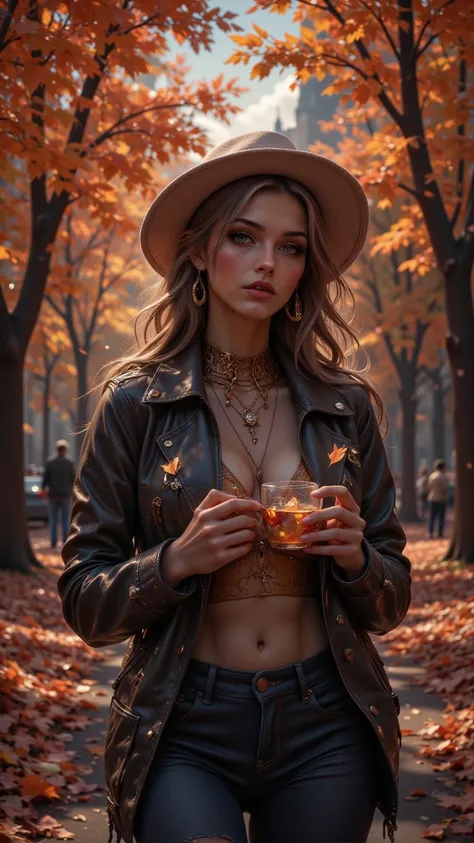  Girl listening to music ， She wears Jacket and Jeans ，Girl with hat ， The background is in an autumn-themed park。 leaves fall f...