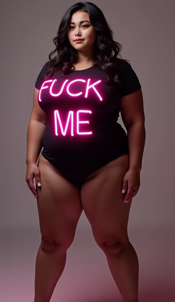 Hot chubby milf with big ass wears black shirt with neon letter "Fuck Me" , with open legs nudes