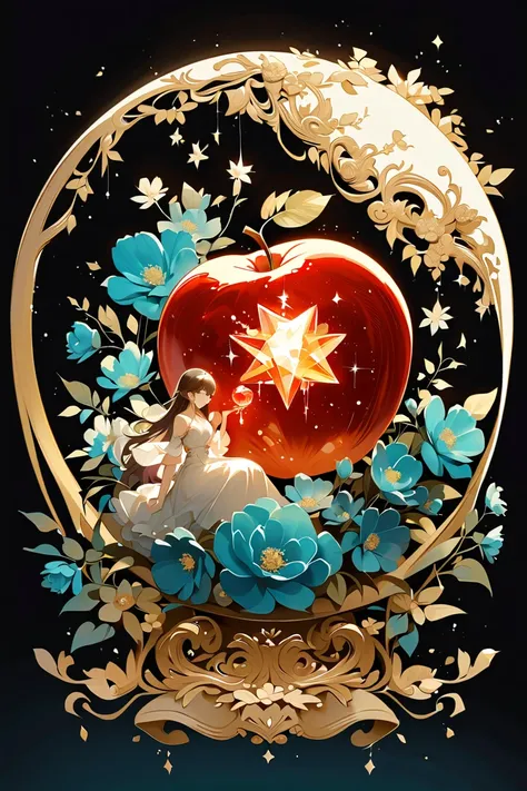 Score 9, Score 8 Up, Score 7 Up, Transparent crystal apple with girl inside, sparkling flowers and twinkling stars inside the ap...