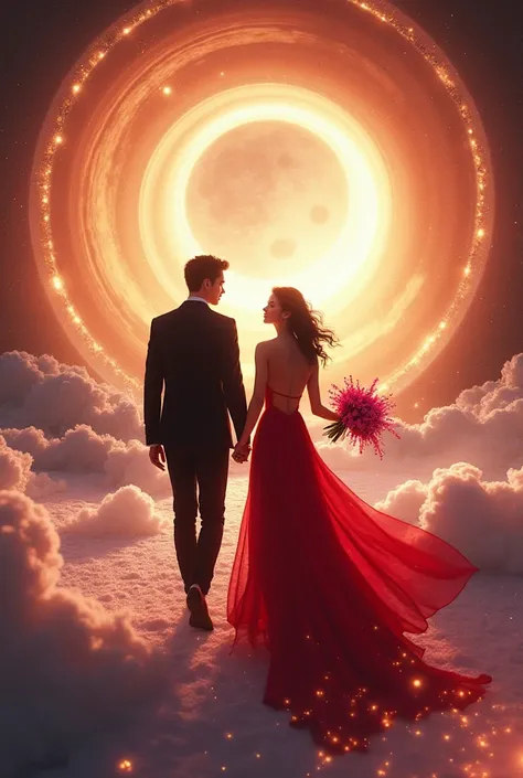 A young couple walking on Jupiter's rings far from the worldly worries in the galaxy. Boy wears a black tuxedo and the girl wear...