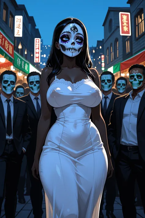 1girl, dark black hair, bright blue eyes, dark skin, face painted like a sugar skull, day of the dead makeup, erect nipples, pla...