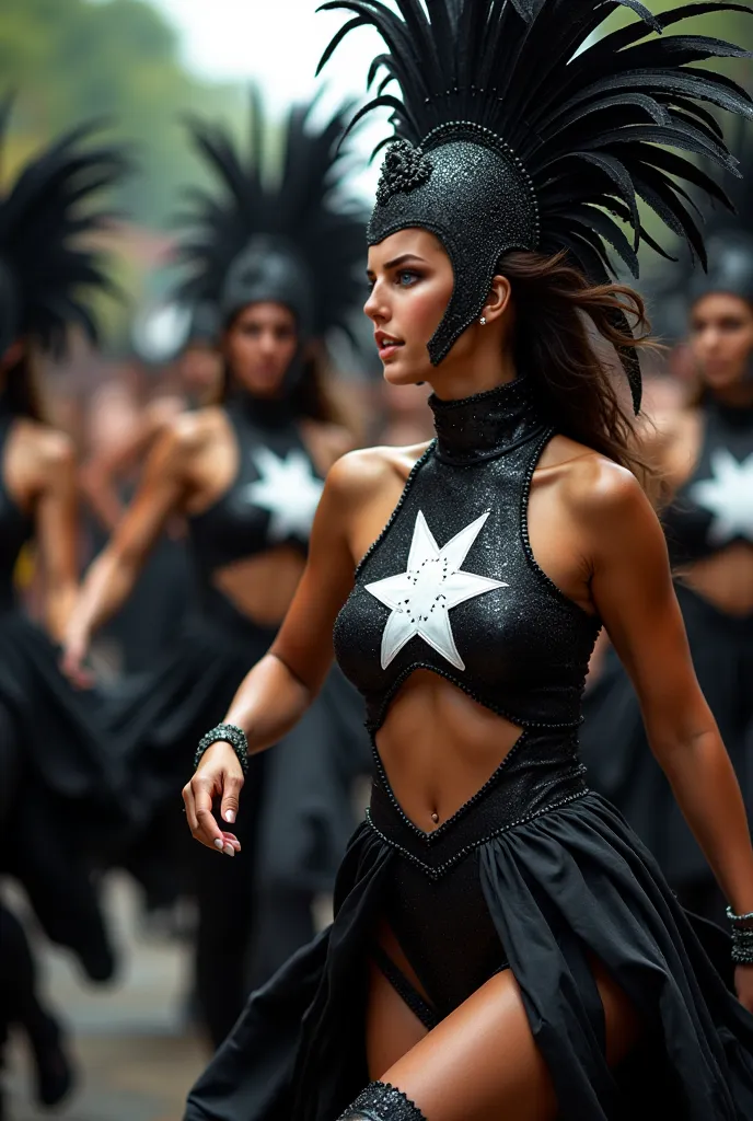    Image of people at a carnival    ,     in the predominant colors that are petroleum black and white.  That there are women da...