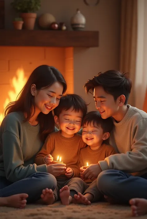 A family gathered in a cozy room , smiling and sharing moments together , with a fireplace in the background and a warm atmosp...